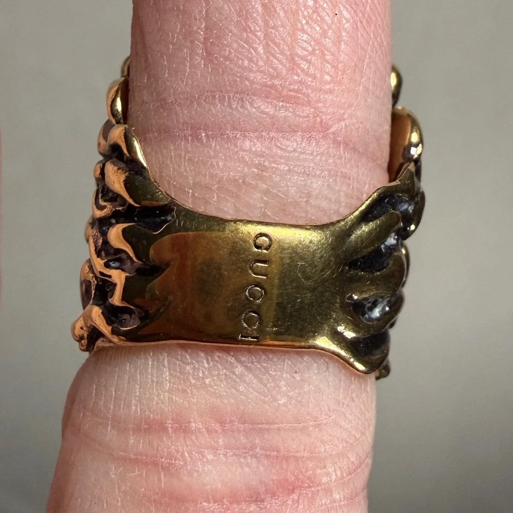 Gucci‎ Lion Head Ring Black Crystal Aged Gold Size 13 US 6.5 Auth w/ New